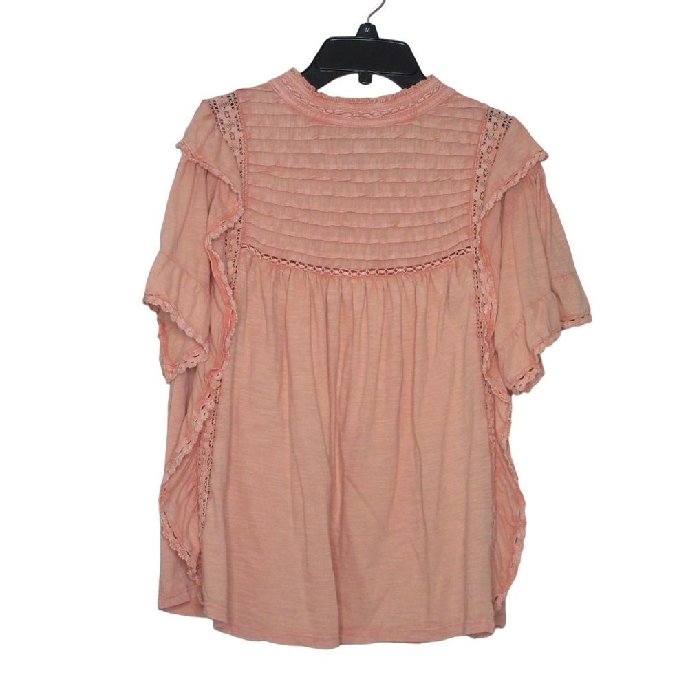 Free People Women's Short Sleeve Embroidered Lace Boxy Coral Top SZ Large B3-03